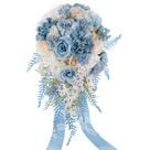 Buquê de casamento nupcial azul e branco com rosas de seda sintética 40x25cm