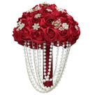 Buquê de casamento nupcial, rosas de cetim vermelhas com pérolas e strass