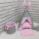 Cabana Cesto Organizador Pet Toca Cinza Cama Pet Almfada Rosa PP