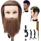 Cabeça de manequim de barbeiro Leticia Male com cabelo humano 30 cm com acessórios