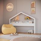 Cabeceira Cama Infantil Estilo Casinha com Livreiro e Prateleira Suspensa por Cordas para Quarto Infantil