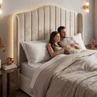 Cabeceira Estofada Cama Box Queen Arya 160cm Moderna Premium Veludo Bege Claro - Abmaza