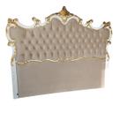 Cabeceira Queen Imperial Rainha Entalhada Laca Branca Apliques Folheados a Ouro Veludo Bege