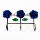 Cabideiro de Parede Suporte Artesanal 3 Ganchos Flor Azul