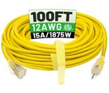 Cabo de extensão POWGRN 100 pés, calibre 12, 3 pinos, 15A, 1875W, amarelo