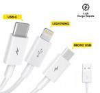 Cabo USB 3 em 1 Lightning Type-C Micro V8 1,2 Metros para Celular