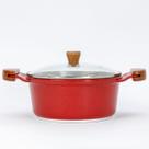 Caçarola 16cm 1,2L Cerâmico Alças Madeira com Tampa de Vidro - Cor: Vermelho Liso