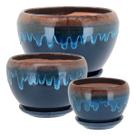 Cachepô vaso decorativo planta cerâmica azul 3pç