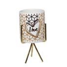 Cachepot Cerâmica Branco Dourado Love com Base Metal 8x16cm