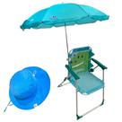 Cadeira de Praia Infantil Dinossauro com Guarda-Sol e Chapéu Azul com fator de proteção UV - RIKABUNI