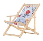 Cadeira Espreguiçadeira Preguiçosa Dobrável Madeira Maciça Natural Tecido Cinza Floral Com Braço