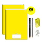 Caderno Brochurão Amarelo Capa Dura 96 folhas Kit 2un Stiff Jandaia + Kit Escolar Lápis Faber Borracha Apontador 8 itens