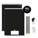 Caderno Brochurão Preto Capa Dura 96 folhas Kit 2un Stiff Jandaia + Kit Escolar Lápis Faber Borracha Apontador 8 itens