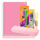 Caderno Espiral 1m Capa Dura 80 folhas Rosa ou Lilás Pastel + Kit Escolar 12pcs com Estojo Régua Marca Texto Canetas