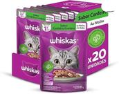 Caixa com 20 Sachês Whiskas para gatos adultos sabor cordeiro ao molho 85g.