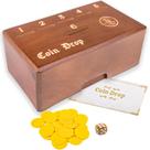 Caixa de madeira do jogo Coin Drop Game com 50 moedas, 1 dado para 2-6 jogadores