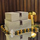 Caixa Decorativa P em Linho Grey com Fecho em Couro e Argola