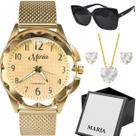 Caixa + relogio aço feminino + colar brinco dourado proteção uv inoxidável presente moda qualidade premium strass casual Caixa + relogio aço feminino + colar brinco dourado proteção uv inoxidável presente moda qualidade premium strass casual