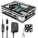 Caixa + Ventilador de Resfriamento + Dissipadores de Calor + Fonte de Alimentação para Raspberry Pi 3 B+