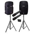 Caixa WLS S12 Ativa BT + Caixa S12 Pas+ 2 Mic s/fio+2 tripés