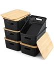 Caixas de armazenamento AREYZIN com tampas de bambu: conjunto de 6 recipientes de armazenamento com tampa, cestos de plástico, caixas organizadoras para organizar cozinha, quarto, armário de escritório, resistentes (pretas)