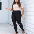 Calça Bandagem Skinny Feminina Grossa Plus Size Preta Abertura Joelho Zíper Barra