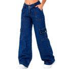 calça cargo feminina jeans 2 bolsos laterais wide leg juvenil feminina estilo blogueirinha para meninas tecido premium estilosa do 10 ao 16