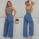 Calça Cargo Feminina Jeans Wide Leg Cintura Alta Estilo