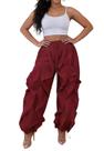 Calça cargo feminina LROSEY, folgada, babada, perna larga, vinho