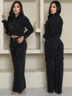 Calça Cargo Feminina Preta Jeans Cintura Alta e Bolsos Estilo Cargo