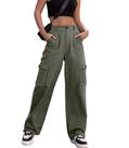 Calça cargo feminina ZMPSIISA, cintura alta, perna larga, verde