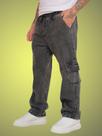 Calça Cargo Jeans Com Cintura Elastcia e Perna Larga Sem Lycra Cor Preto Marmorizada