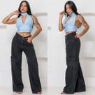 Calça Cargo Jeans Feminina Black Estonada Algodão Bolsos Funcionais