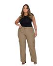 Calça Cargo Plus Size Wide Leg Shyros em Linho Caqui com Elástico e Cordão