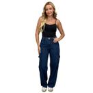 Calça Feminina Cargo Jeans Cintura Alta com Bolsos Algodão Premium