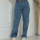 Calça feminina cargo wide leg jeans sem lapela.