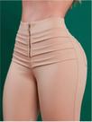 Calça Feminina Chapa Barriga Cintura Alta com Tecido Acetinado e Zíper Frontal Dourado