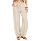 Calça feminina Cobiako de linho, perna larga, estilo palazzo, cáqui, tamanho L