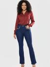 Calça Feminina Flare Jeans Escuro com Strass ao Redor do Bolso