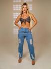 Calça feminina jeans premium mom strass rasgada marmorizada