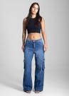 Calça Feminina Jeans Wide Leg Cargo Sawary Premium Original Cintura Alta Moda 280213
