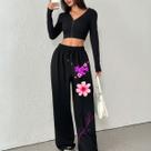 Calça Feminina Moletom Wide Leg Floral Minimalista Inverno Quentinho