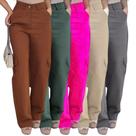 Calça Feminina Pantalona Cargo Sarja com Bolsos Laterais P ao G