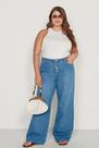 Calça Feminina Plus Size Wide Leg, Cós Elástico, Botões