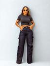 Calça Feminina Razon Jeans Wide Leg Cargo 4 Bolsos Fit Lavagem Amaciada