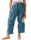 Calça Feminina TARSE de Linho Solta com Pernas Largas e Cordão Ajustável XL Azul Lago