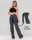 Calça Feminina Wide Leg jeans Chumbo-Marmorizada com bolso cargo cintura alta