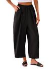 Calça feminina Yeokou, de linho, casual, de verão, perna larga, preta