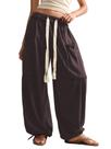 Calça Harem RoseSeek, folgada, boho, com cordão, cintura, marrom M