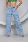 Calça jeans cargo femenina de 4 bolso azul marmorizada com botoes estiloso modena e tendencia Calça jeans cargo femenina de 4 bolso azul marmorizada com botoes estiloso modena e tendencia